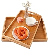 Geytetqi 2 PCS Bamboo Serving Tray, 2 Size Nested Breakfast Bed Tray with Handle, Wood Serving Tray for Serving, Breakfast Bed Trays for Eating, Decor, Displaying Cake, Fruit