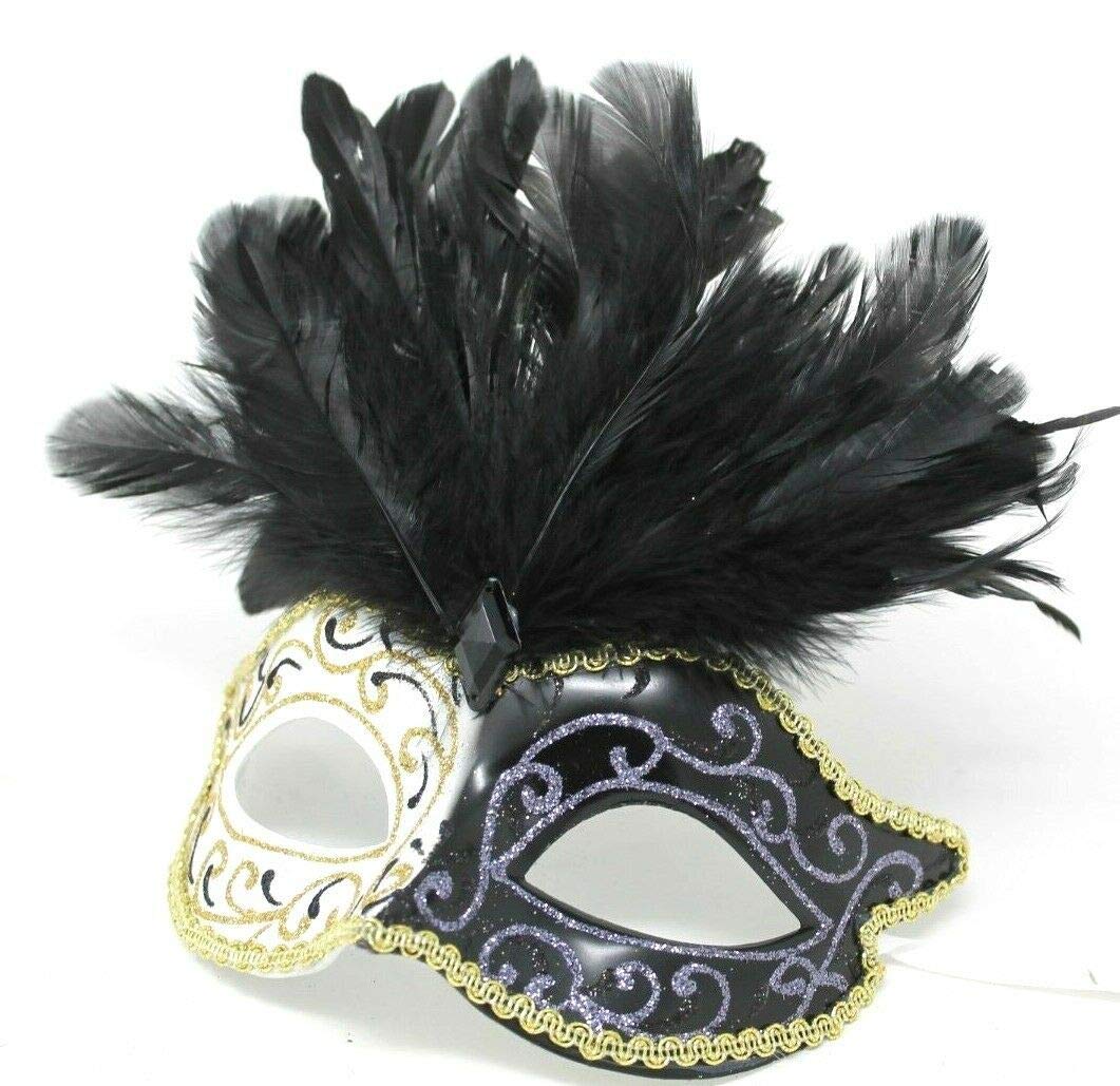 BLACK IVORY & GOLD VENETIAN MASQUERADE PARTY EYE MASK WITH LONG FEATHERS