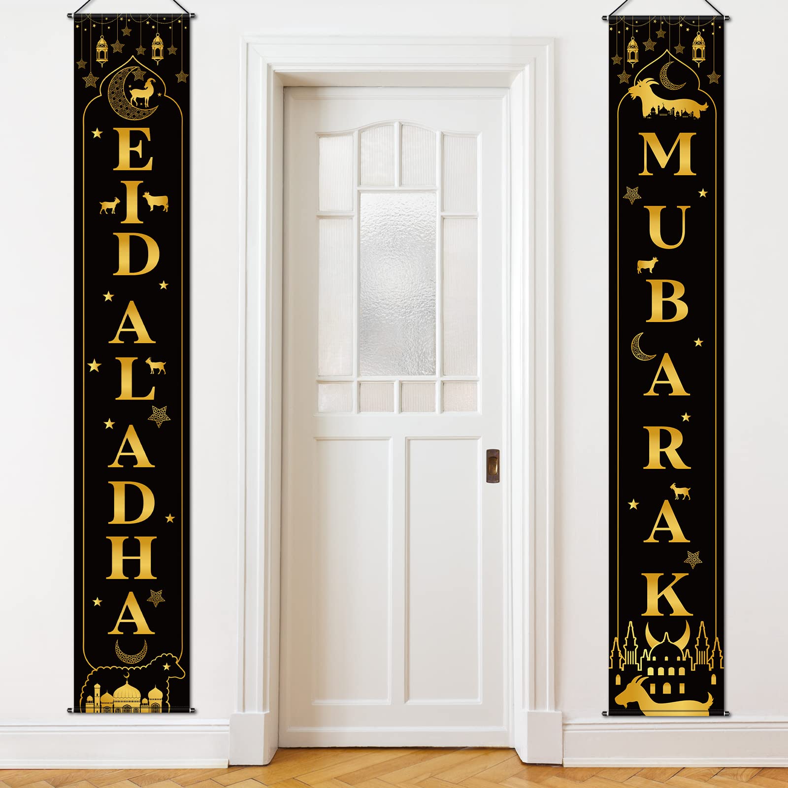 Photo 1 of Treela Eid Al Adha Decorations Eid Al Adha Door Banner Mubarak Hanging Banner Black Gold Porch Sign Sheep Welcome Door Backdrop Banner for Muslim Party Supplies Decor