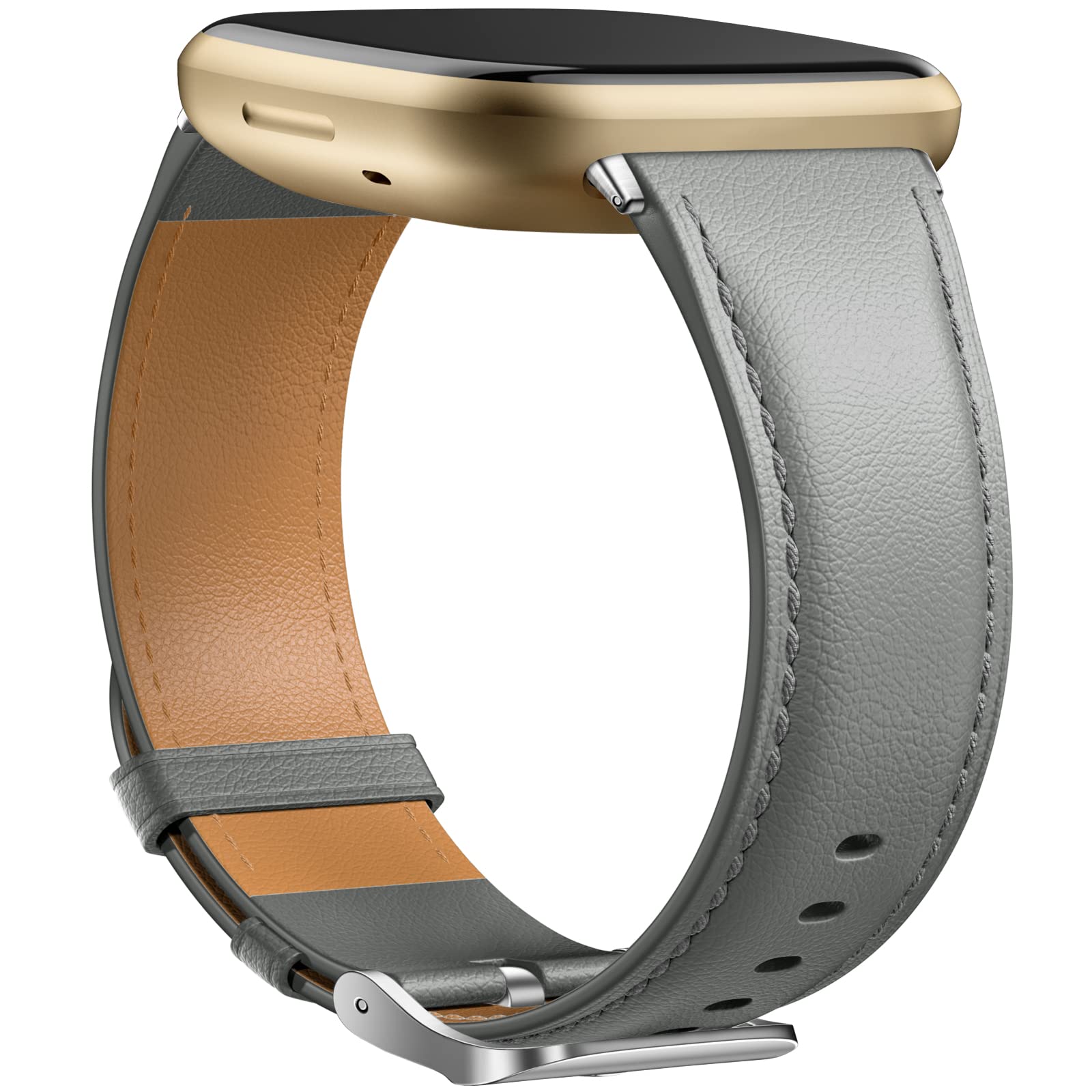 Dirrelo Compatible with Fitbit Versa 3 Strap - Fitbit Versa 4 Straps for Women Men, Genuine Leather Elegant Band Compatible with Fitbit Sense 2/Sense Strap, Gray