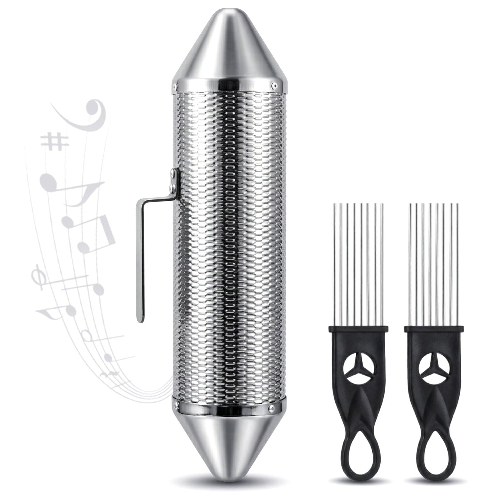 SOUJOY Guiro Instrument, Stainless Steel Guiro Shaker with 2 Scrapers, 15'' x 3'' Latin Percussion Instrument, Professional Band Accompaniment Sand Hammer for Musical Training
