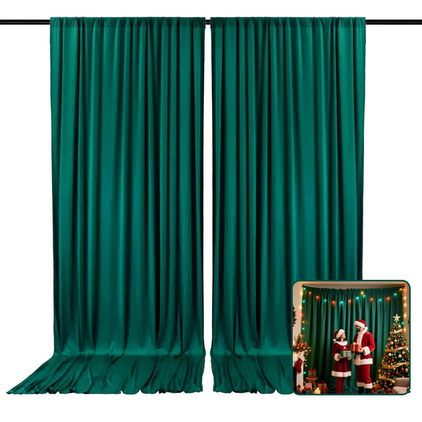 Photo 1 of 2 Panels Dark Green Backdrop Curtain, 10 x 10 Feet Polyester Background Curtains for Parties, Weddings, Baby Showers, Halloween, Christmas, Birthday Party Photoshoot Backdrop Curtains Decorations