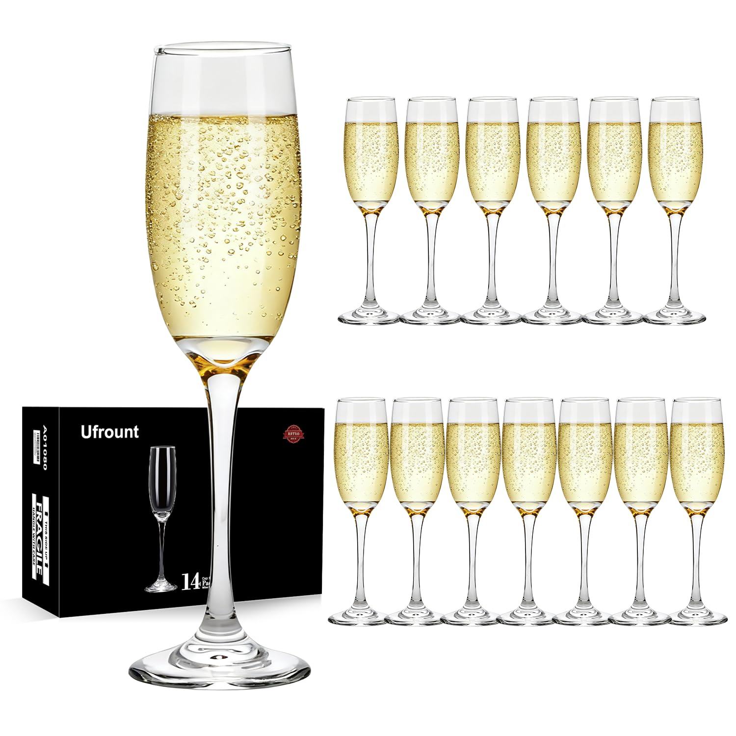 Photo 1 of Ufrount 6oz Champagne Flute,Clear Champagne Glasses Set of 14,Elegant Stemmed Champagne Glasses Sparkling Wine Glasses for Birthday,Parties,Wedding