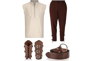 Vabean 4 Pcs Men's Renaissance Costume Set Medieval Sleeveless Pirate Shirt Halloween Viking Ankle Pants Belt Arm Guards