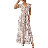 Milumia Women's Ditsy Floral Print Wrap Dress V Neck Ruffle Cap Sleeve Flowy Long Maxi Dresses