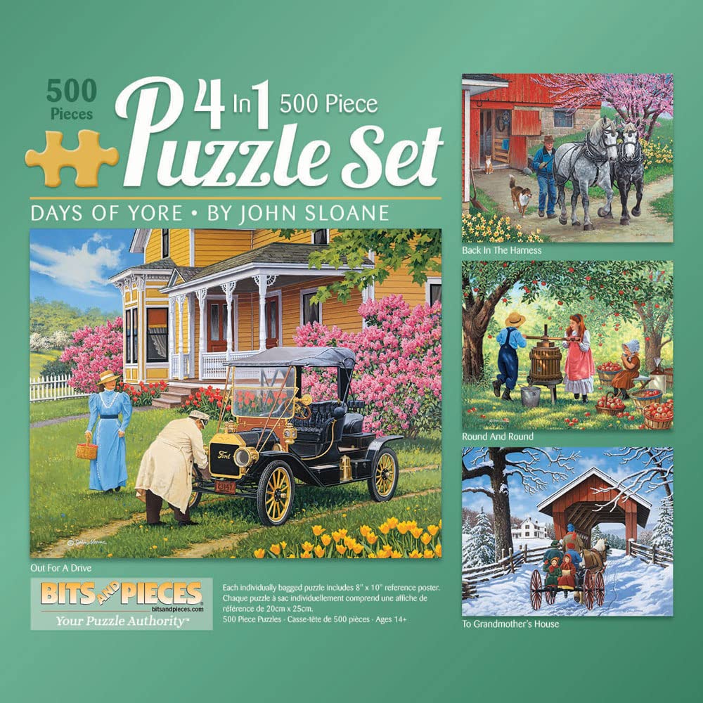 Bits and Pieces - Days of Yore 4-in-1 Multi-Pack Puzzle Set - 500 Piece Jigsaw Puzzles for Adults - Each Measures 16"x 20" - Old Nature by Artist John Sloane