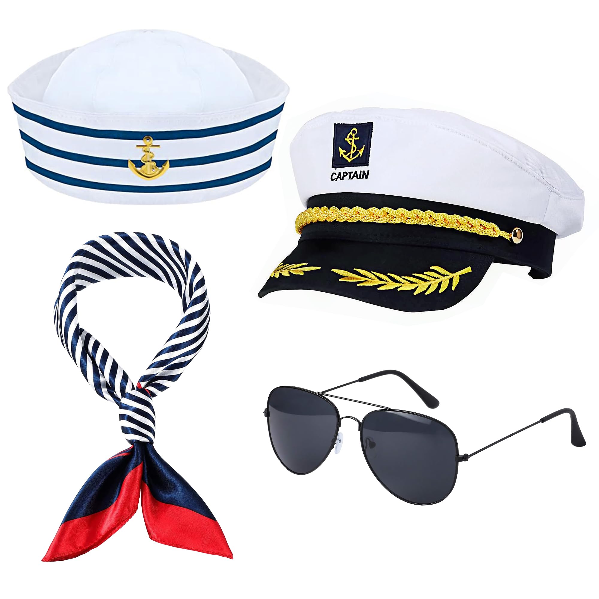 Orgoue Yacht Captain Costume Set, Navy Costume Accessories with Sailor Hat Scarf Captain Hat and Sunglasses for Men Women Halloween Dress up (4pcs)