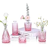 UPBUD Pink Glass Bud Vases Set of 5, Mini Flower Vase for Centerpieces, Small Clear Vases in Bulk for Wedding Decorations, Vintage Vase for Table, Home Décor
