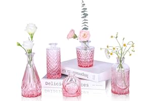 UPBUD Valentines Day Pink Glass Bud Vases Set of 5, Mini Flower Vases for Centerpieces, Small Clear Vases in Bulk for Wedding Decorations, Vintage Vases for Table, Home Décor