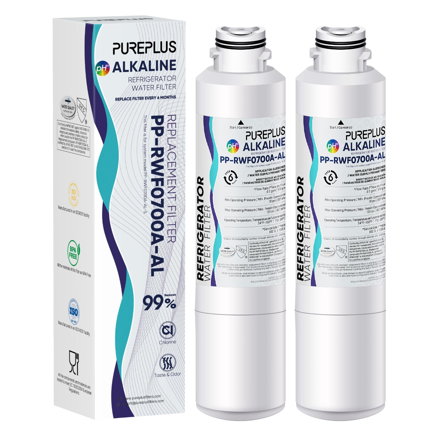 PUREPLUS Alkaline DA29-00020B Replacement for Samsung DA29-00020A/B, DA29-00020B-1, RF28HMEDBSR, RF263BEAESR, RFG297HDRS, HAF-CIN/EXP, RF4287HARS, 469101, RWF0700A Refrigerator Water Filter, 2PACK Image