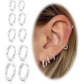 Sterling Silver Hoop Earrings, Hypoallergenic Earrings for Women Men 14k Real Gold Plated Small Huggie Hoop Earrings Stack Set for Multiple Piercing Lightweight Cartilage Helix Conch Hoop