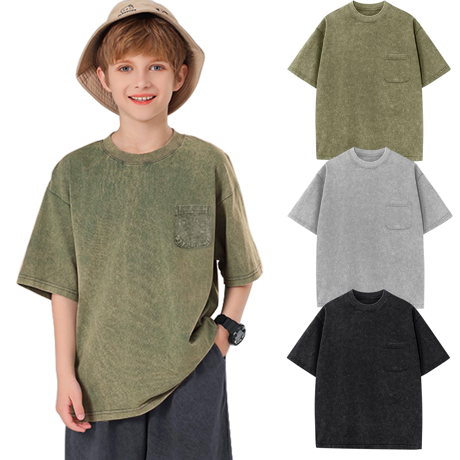 Photo 1 of Arssm 3 Pack Boys Girls T-Shirts Cotton Acid Wash Oversized Tees Kids Crewneck Summer Basic Tops(BlackGreyArmy-9Y)