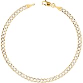 Nuragold 14k Real Yellow Gold Solid Cuban Curb Link 3mm Diamond Cut Pave Chain Bracelet (7"-9") Two Tone Italian Jewelry for Men & Women