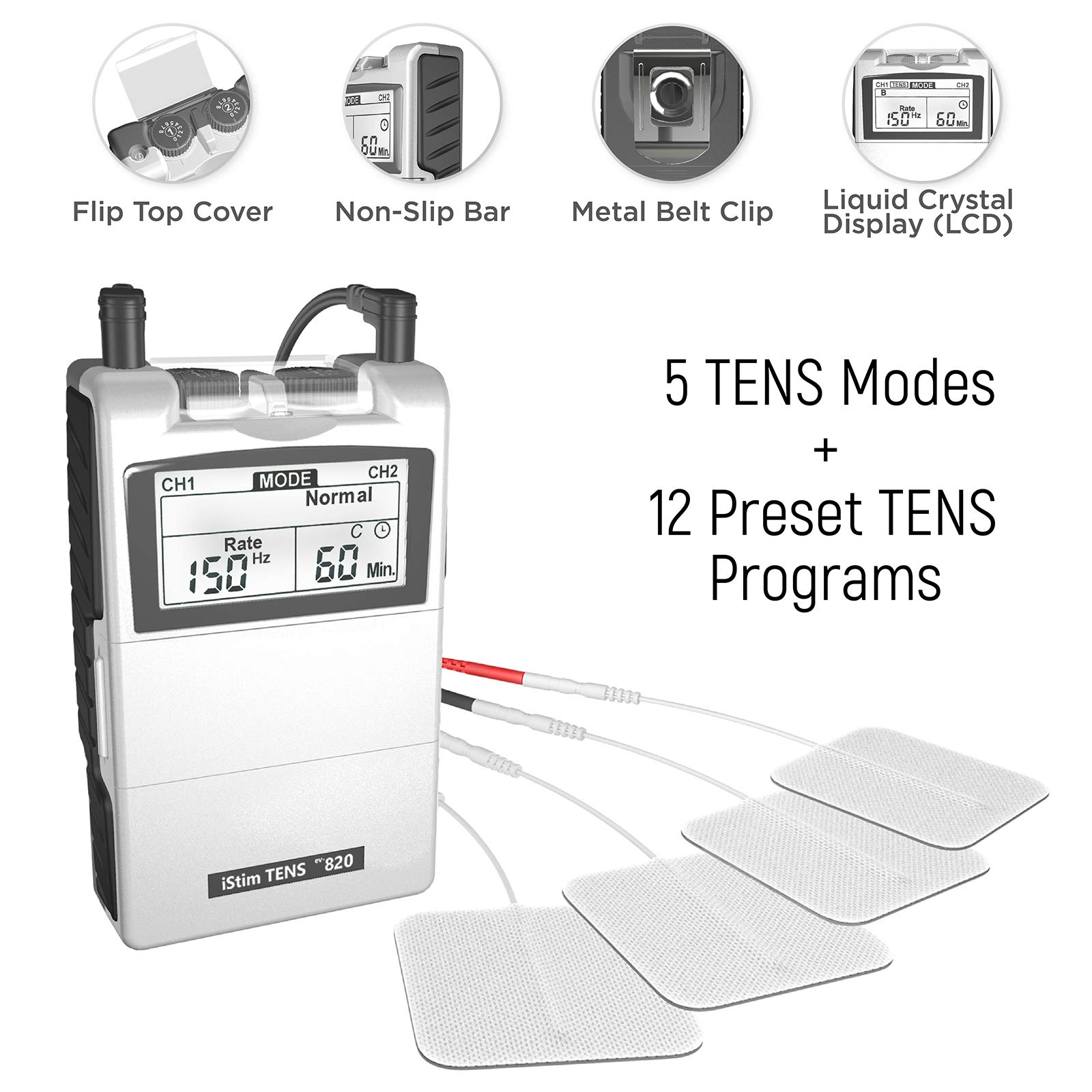 iStim Tens Unit Stimulator Machine - EV820 with 8 Electrodes Japanese Gel for Pain Management, Back Pain and Rehabilitation