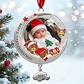 2025 Babys First Christmas Ornaments Gifts, Christmas Tree Decoration Metal Photo Frame Ornament, Baby First Xmas Decorative Hanging Sign for New Parents Family Friends