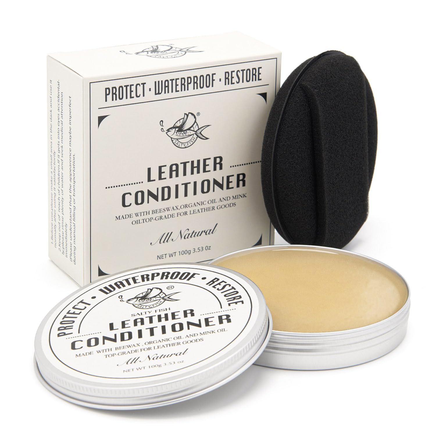 Photo 1 of SALTY FISH All-Natural Leather Conditioner and Cleaner,Made with Mink Oil Beeswax,Protect Soften Waterproof Leather Furniture,Car Seats,Shoes,Boots,Bags (3.53 Oz with Sponge)