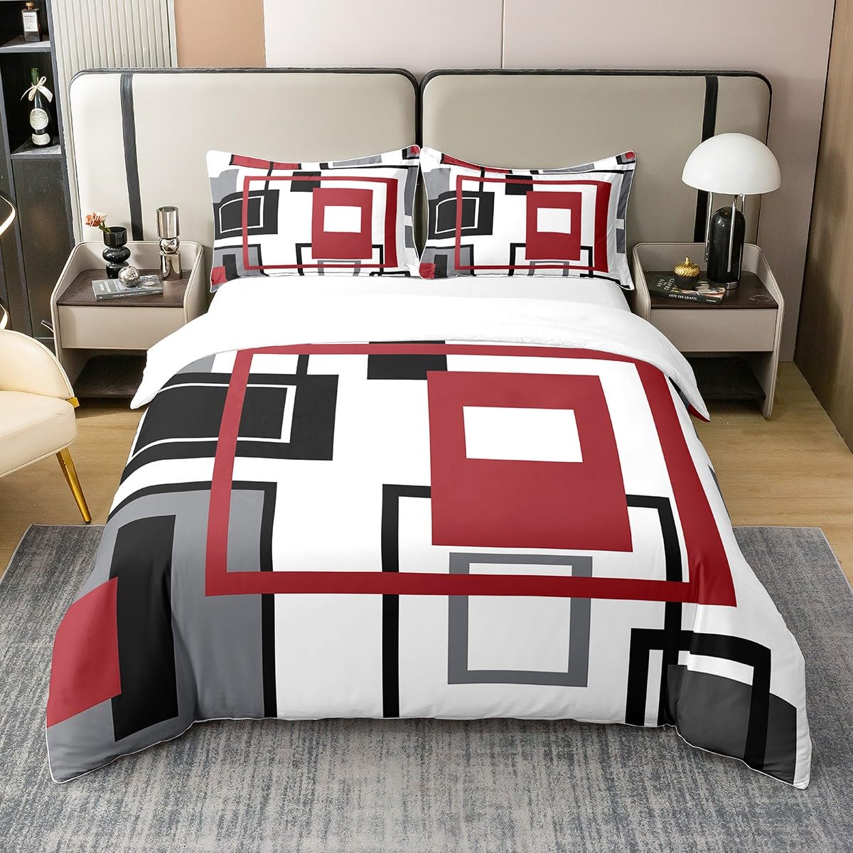 100% Organic Cotton Red Black White Grey Bedding Set for Kids Boys Girls,Geometric Square Comforter Cover King Striped Duvet Cover Modern Abstract Bedspread Cover Farmhouse Room Decor