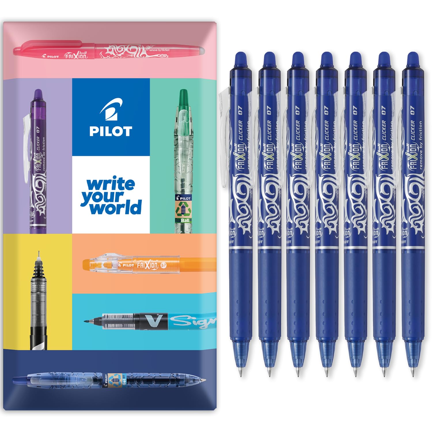 PILOT FriXion Clicker Fine Erasable Friction Rollerball Pen - Retractable Tip 0.7mm Nib 0.35mm Line Width - Pack of 7 Pens in Envelope Gift Packaging - Blue