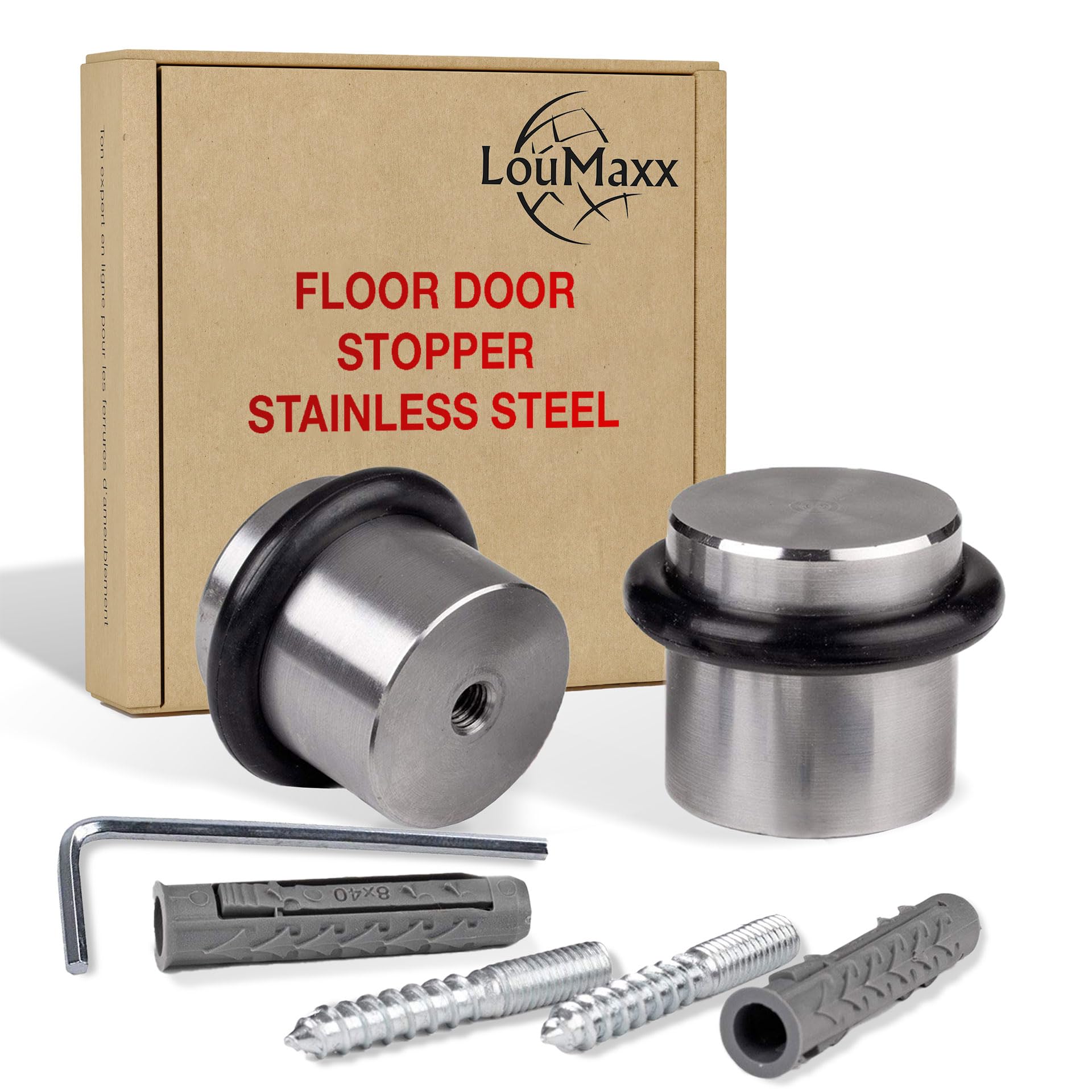 LouMaxx Stainless Steel Screw On Door Stoppers for Solid Doors - Set of 2 Floor Stoppers
