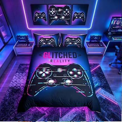 Loussiesd Duvet Cover Kids Video Games Themed Bedding Set 1 Duvet 2 Pillow Shams