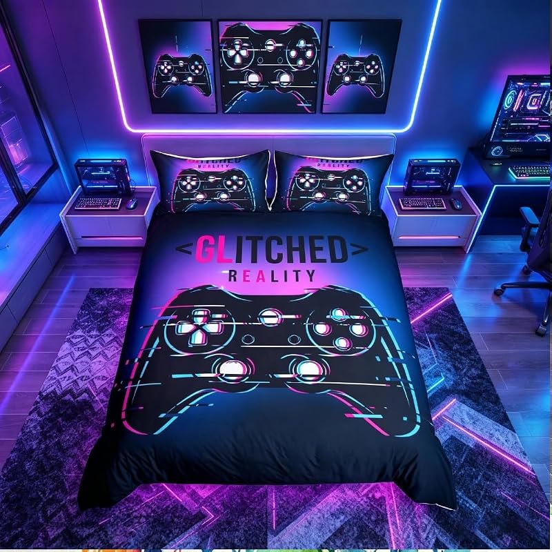 Loussiesd Duvet Cover Kids Video Games Themed Bedding Set 1 Duvet 2 Pillow Shams
