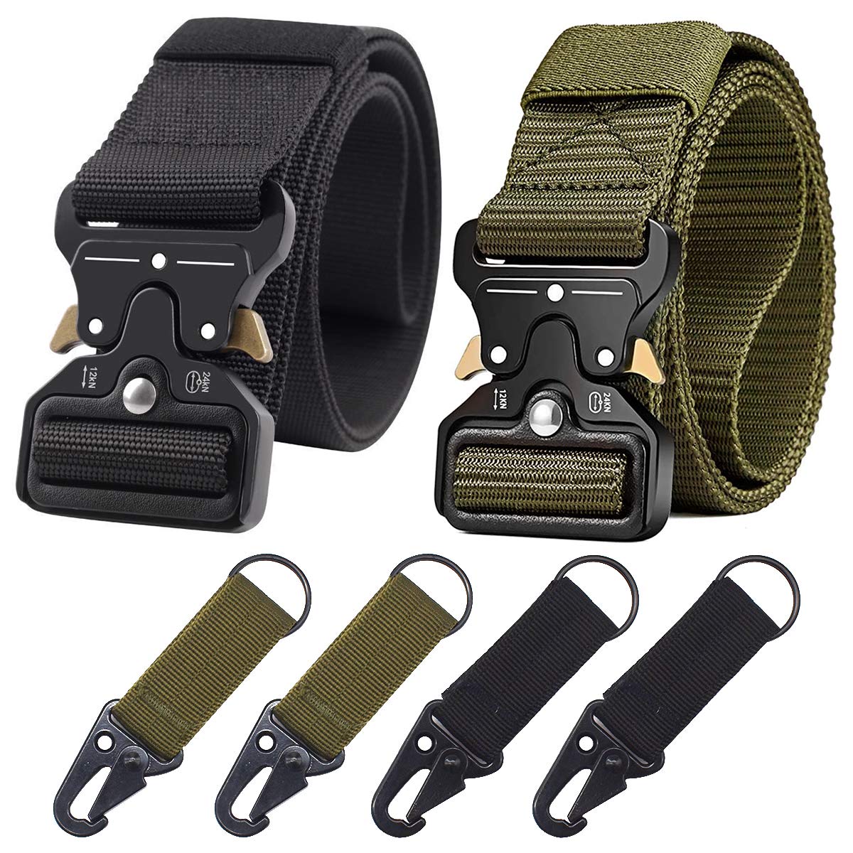 RoadLoo Tactical Belt, 2 pcs 125cm Men Nylon Belt Security Gear Utility Heavy Duty Belt with 4 pcs Quick-Release Metal Buckle Keychain for Airsoft Outdoor Activity Hunting Training Black Army green
