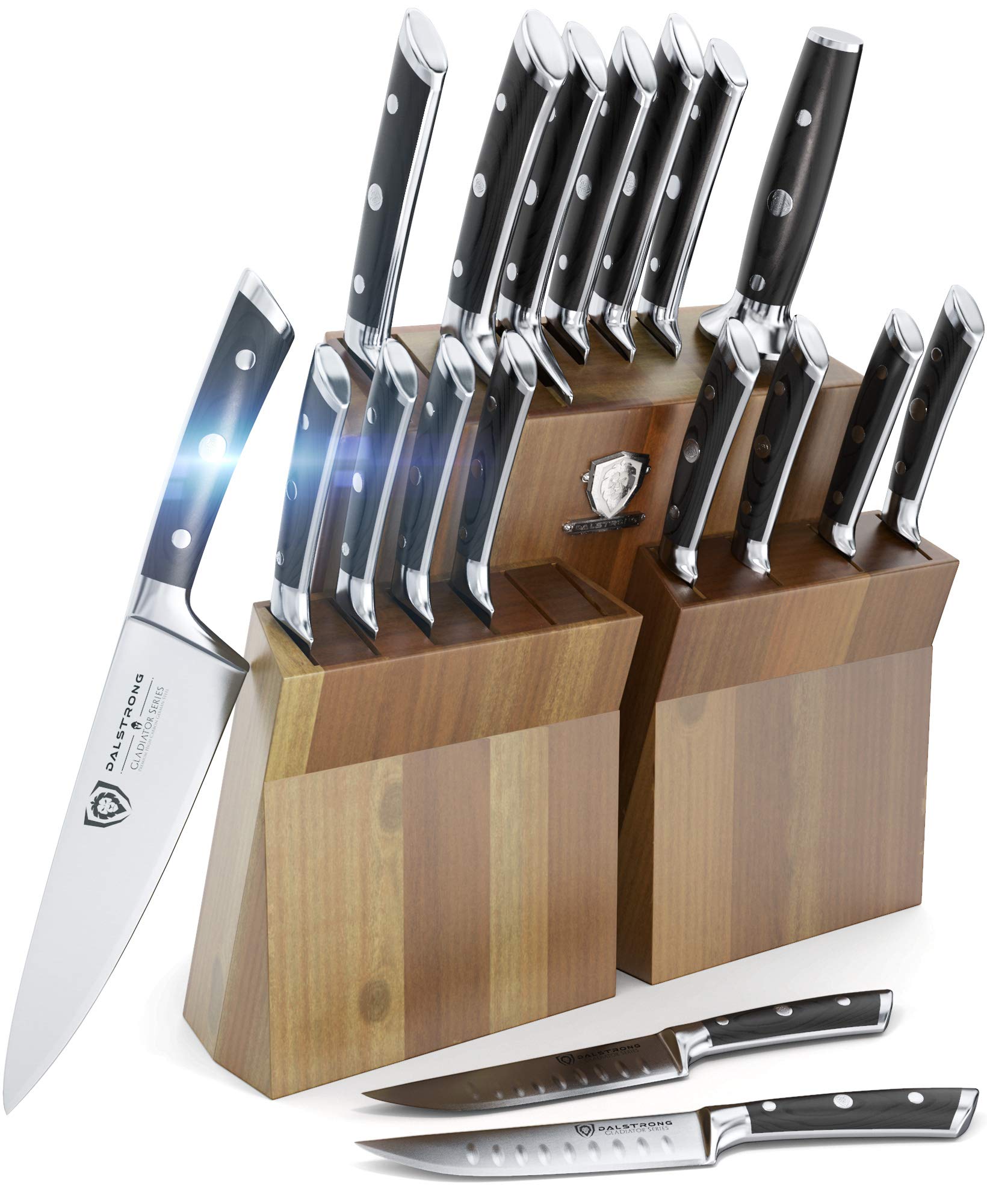 DALSTRONG Knife Set Block - Gladiator Series Colossal Knife Set - German HC Steel - 18 Pc - Walnut Stand