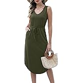 Hount Womens V Neck Sleeveless Casual T Shirt Dress Summer Midi Dress with Pockets