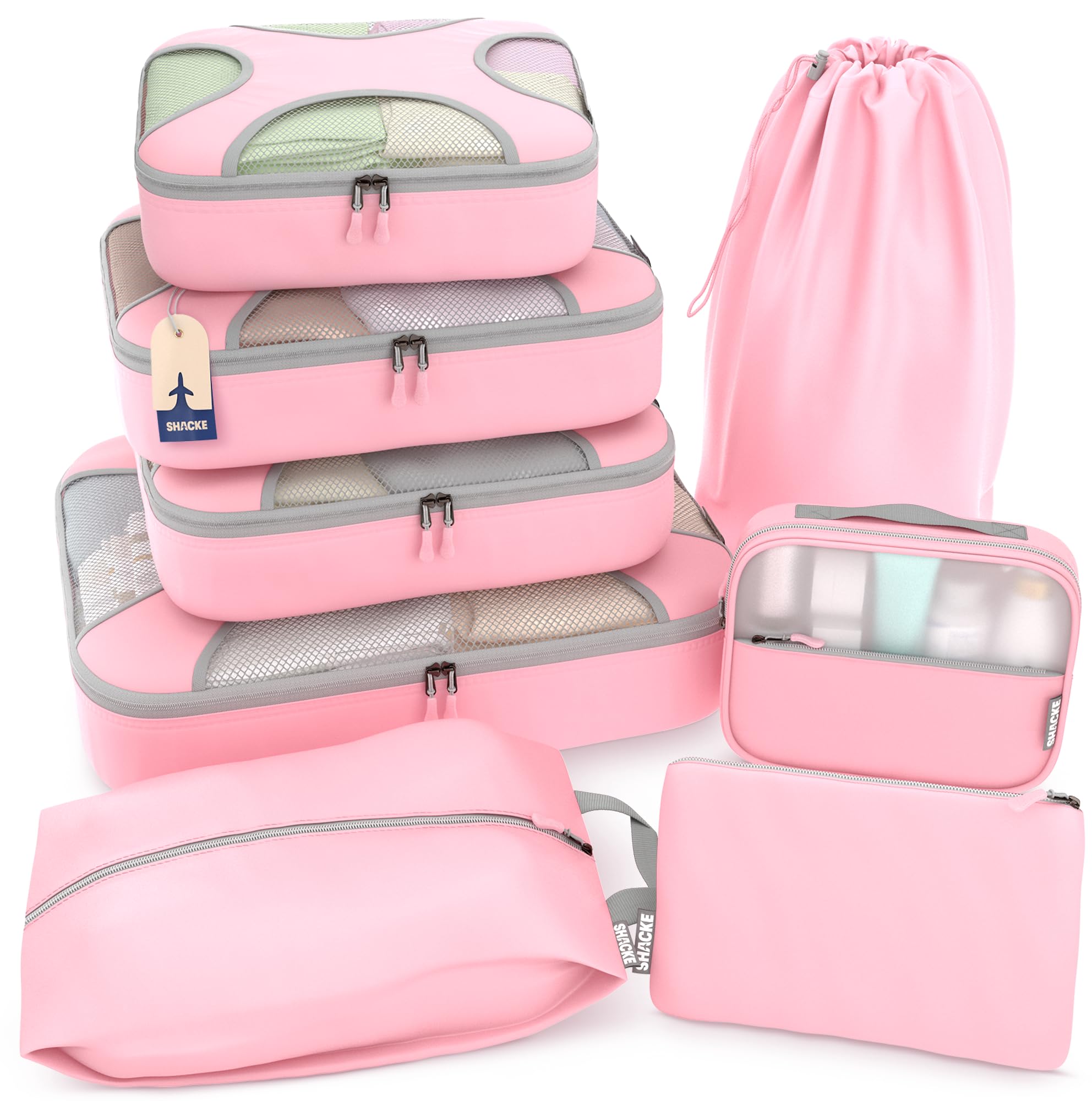 Shacke Shacke Premium 8 Packing Cubes Set - Lightweight Mesh Travel Luggage Organizers with Laundry Bag, 8-Piece Suitcase Storage System (Summer Pink)