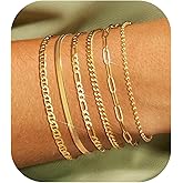Gold Chain Bracelets Set for Women - Dainty 14K Gold Plated Cuban Link Bracelet Non Tarnish Figaro Herringbone Paperclip Stackable Beaded Bracelet Pack Jewelry Gifts 6" | 6.8" | 7.2"