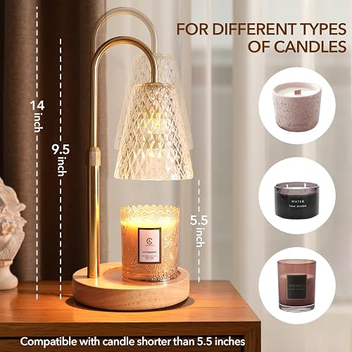 Lightess Candle Warmer Lamp With Timer – Adjustable Height, Wood Base, Glass Shade – Includes 2 Bulbs