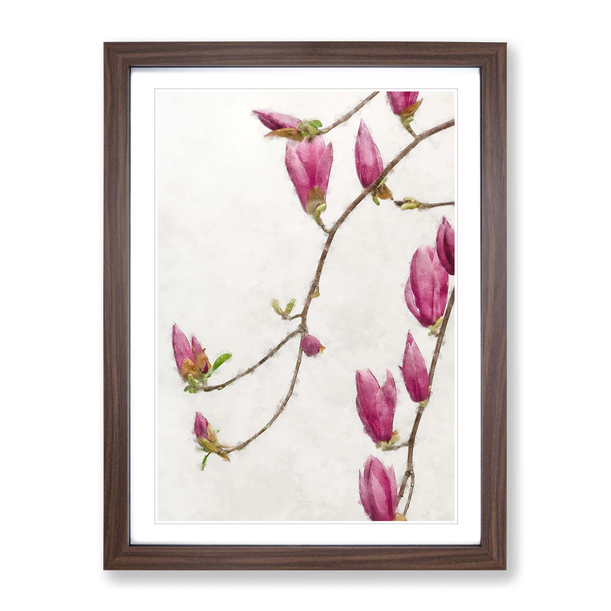 Pink Floral Flowers Painting Modern Framed Wall Art Print, Ready to Hang Picture for Living Room Bedroom Home Office Décor, Walnut A3 (34 x 46 cm)