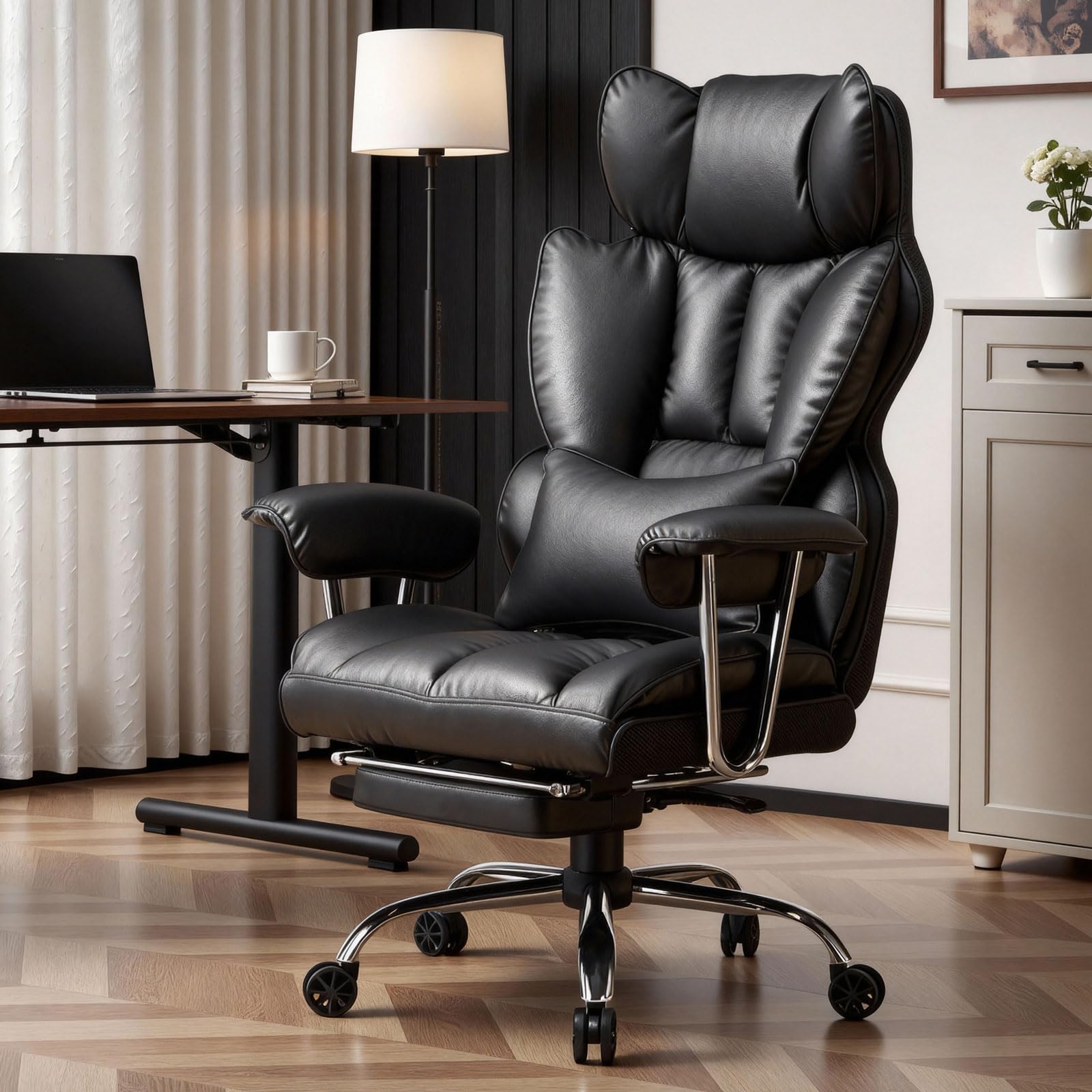 Photo 1 of ***MISSING HARDWARE TO ATTACH THE ARM RESTS*************
Efomao Big & Tall Office Chair with Footrest, High-Back Leather Executive Desk Chair with Lumbar Support and Padded Armrests, Black