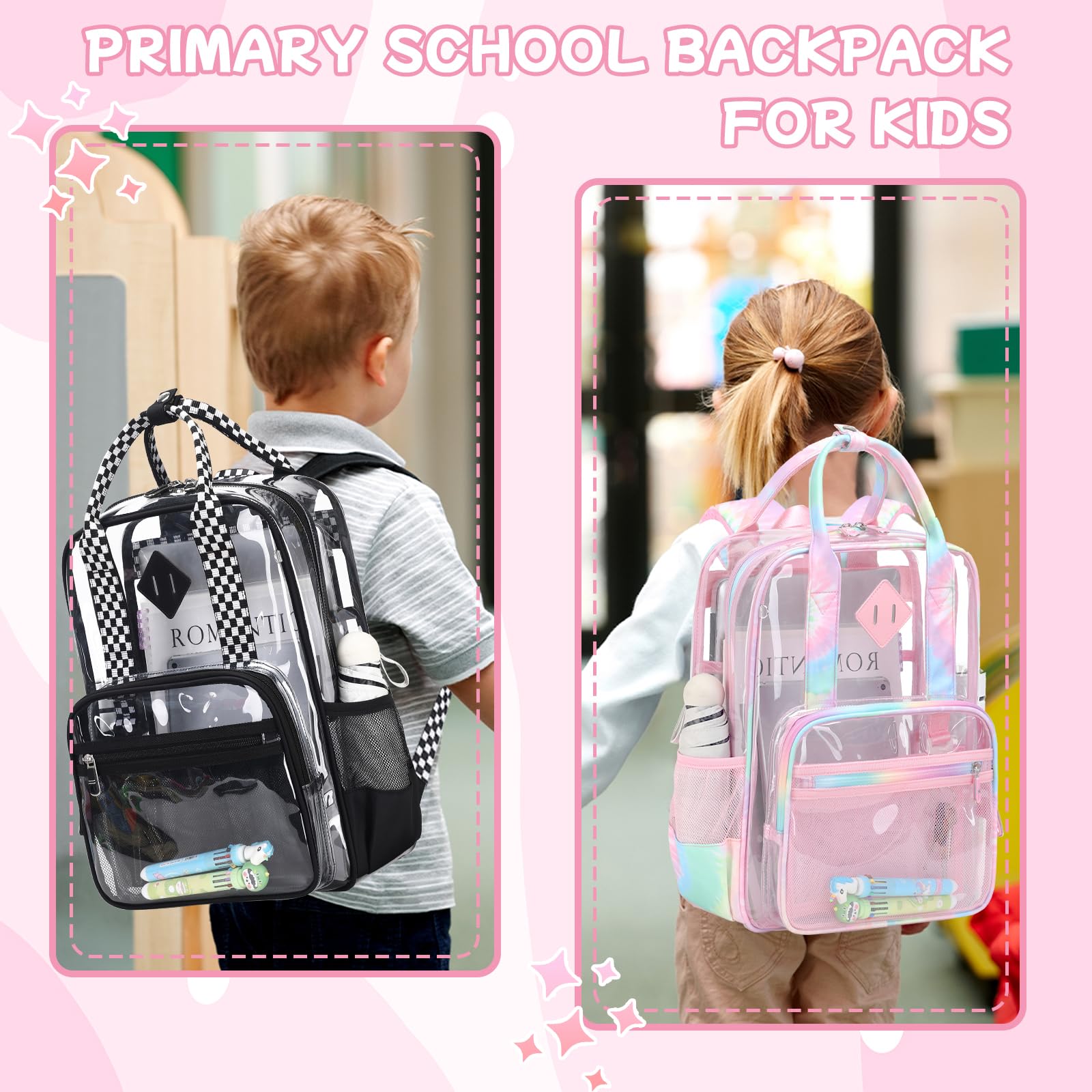 MOONBABY Small Clear Backpack for School Transparent Bookbag for Kids Heavy Duty PVC See Through Backpack Stadium Approved