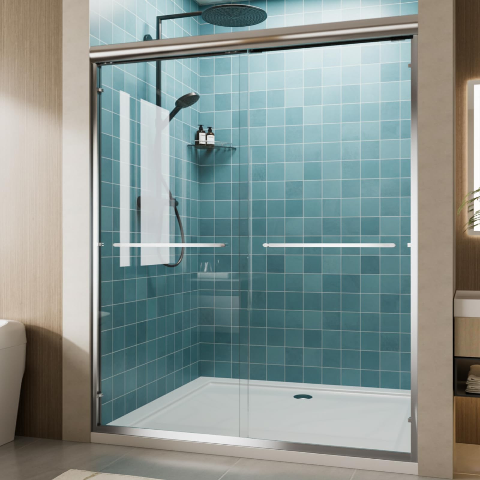 Photo 1 of Double Sliding Glass Shower Door, 56–60'' W x 72'' H, Chrome Aluminum Frame, 1/4''(6mm) High-Strength Tempered Glass Shower Door, for Walk-in Showers