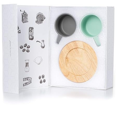 LARS NYSØM Kaffeetassen Set Roast I 2 Stück Cappuccino Tassen mit Holzuntersetzer I Coffee Cups matt I 160ml Keramik-Tassen i