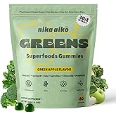 nika aiko Greens Superfood Gummies, Boost Energy, Gut & Immune Support, Sugar-Free, Vegan with Broccoli, Spinach, Kale, Spirulina, Chlorella, Probiotics & Multivitamin, Apple Flavor, 60 Count
