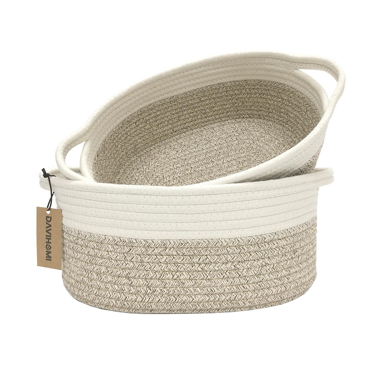 Photo 1 of DAVIHOMI 2PACK Oval Cotton Rope Storage Baskets (White Brown) for Bedroom, Living Room, Laundry Room & More