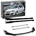 Xotic Tech Front Bumper Lip Chin Spoiler+ 2M Side Skirt Winglets Diffusers+ Adjustable 10"-13" Support Rod Universal Fit Most Vehicles, Glossy Black w/White