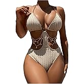 OYOANGLE Women's Ring Linked Cut Out One Piece Swimsuits Textured Tie Backless Halter Bathing Suit Monokini