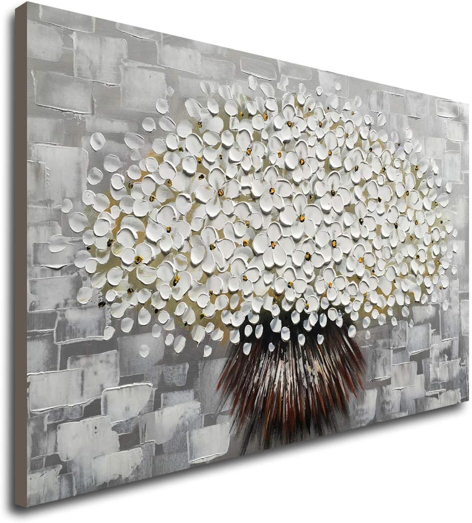 Paintings - Winpeak Art Hand Painted Modern Textured White Flower Oil Painting on Canvas Abstract Floral Artwork
