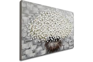 Winpeak Art Hand Painted Modern Textured White Flower Oil Painting on Canvas Abstract Floral Artwork