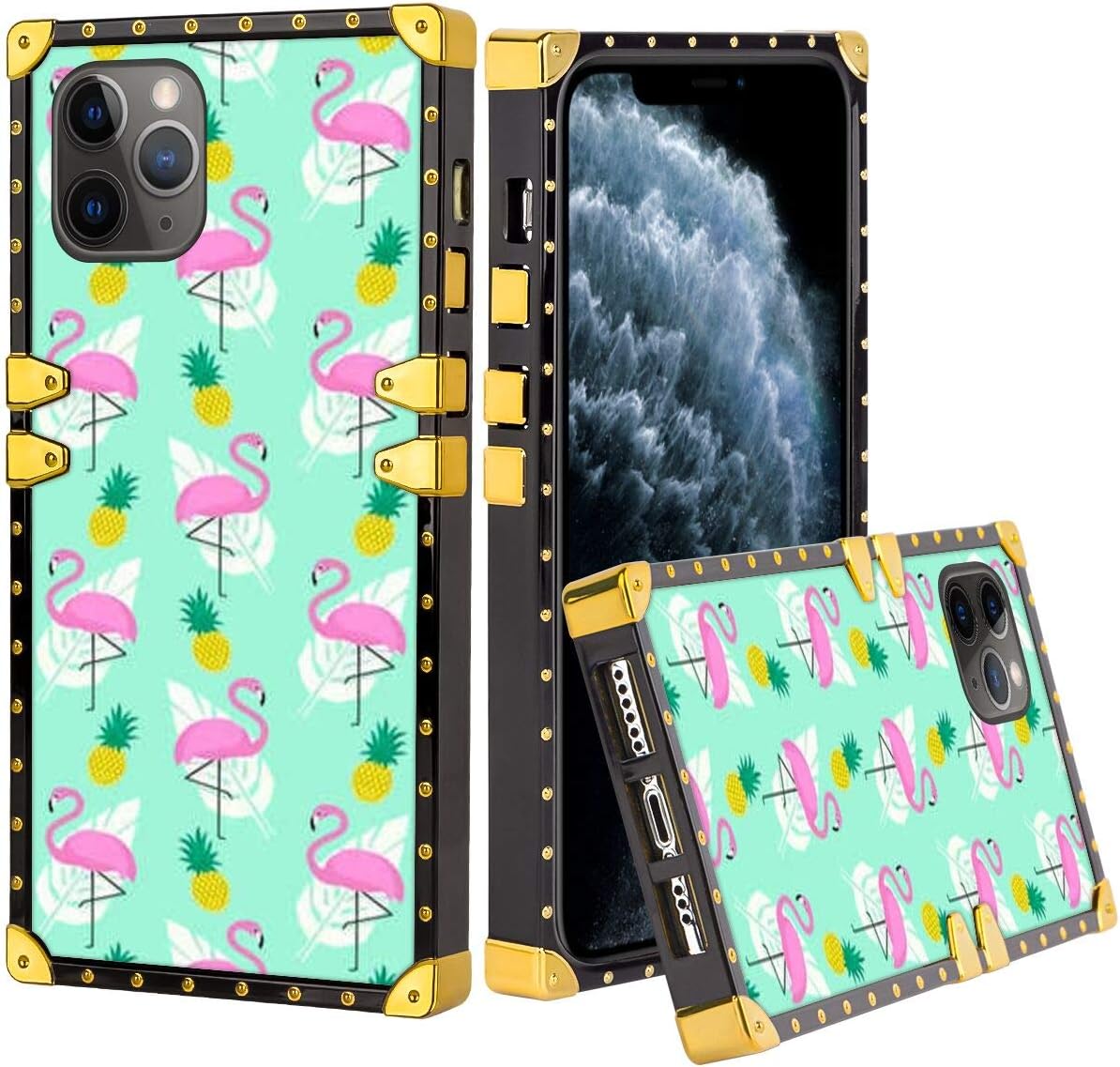 hfijgsj Square Case for iPhone 11 Pro Max 6.5 Inch 2019, Pink Flamingo Fashion Slim Soft Shockproof Design Metal Decorative Full Protective Phone Case