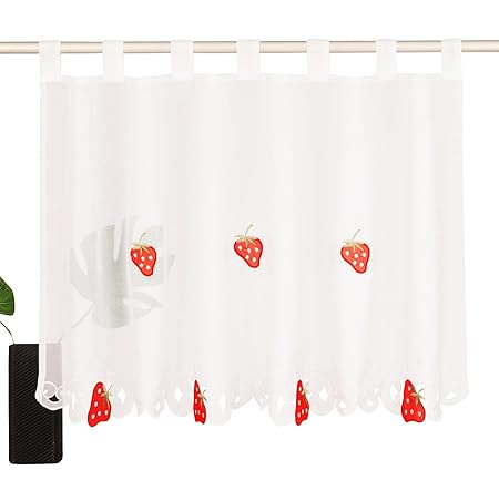 BAILEY JO 1er-Pack Scheibengardine Stickerei Patch Kaffeevorhang Voile Transparent für Küchen Vorhang (HxB 60x145cm, Erdbeere