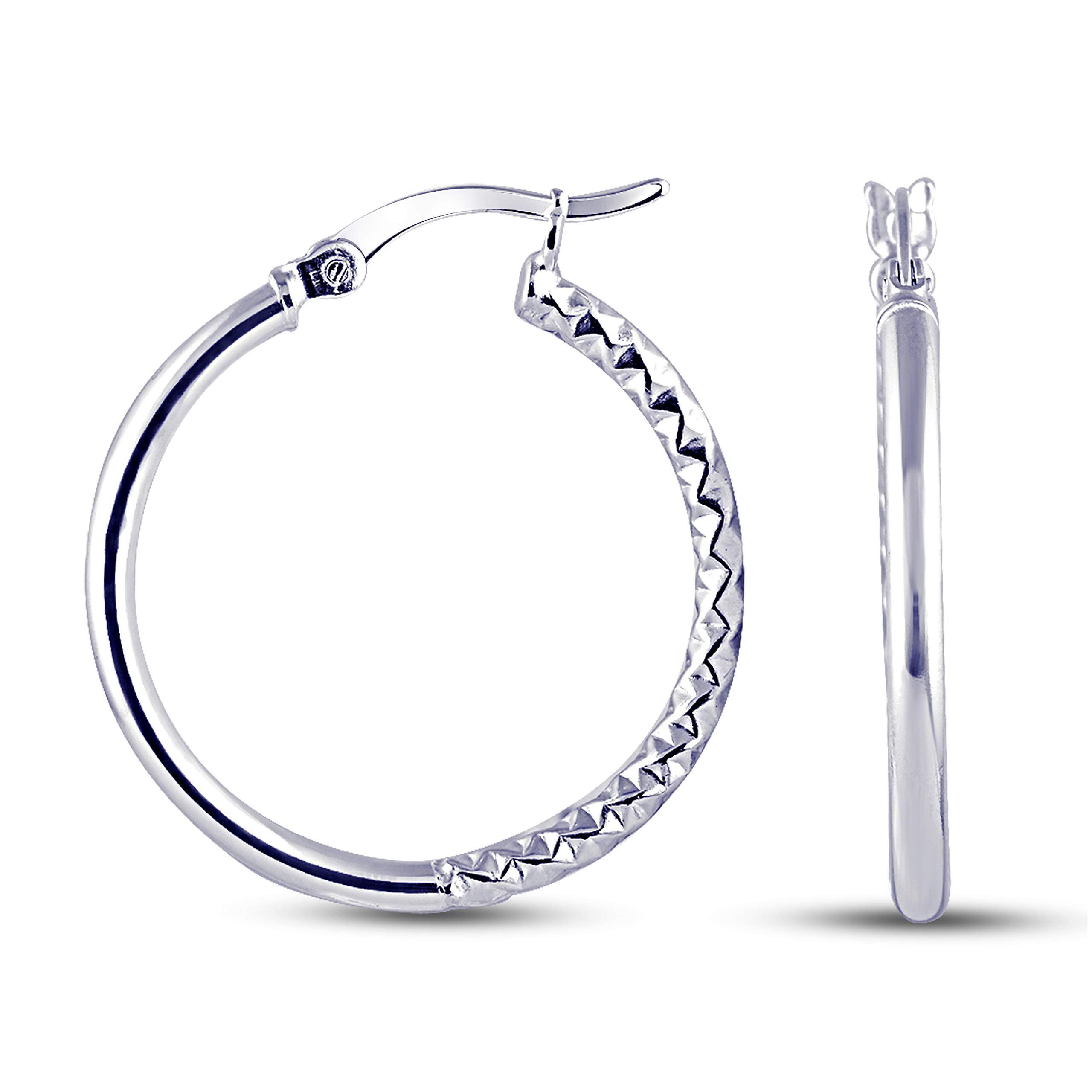 Charmsy 925 Sterling Silver Elegant 925 Sterling Silver Textured Diamond-Cut Hoop Earrings for Women | Click Top Round Hoops Earring Jewellery | Size 35mm