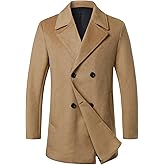 HOOD CREW Men's Classic Double Breasted Wool Blend Pea Coat Notched Collar Winter Business Overcoat Trench Coats