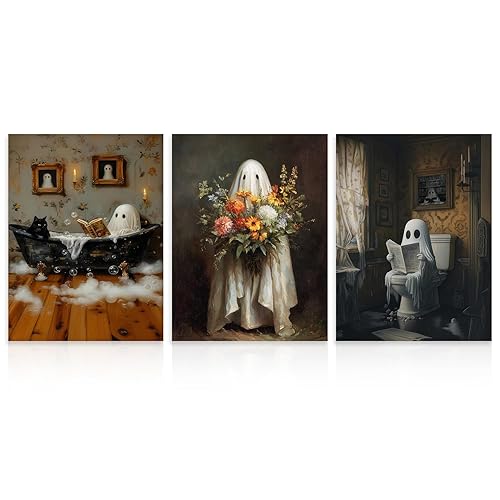 Dazzlewall 3pcs Halloween Ghost Wall Art Decor, Ghost in Bathroom Flower Dark Academia Halloween Wall Decor, Gothic Artwork Print for Bathroom, 12x16 in Unframed