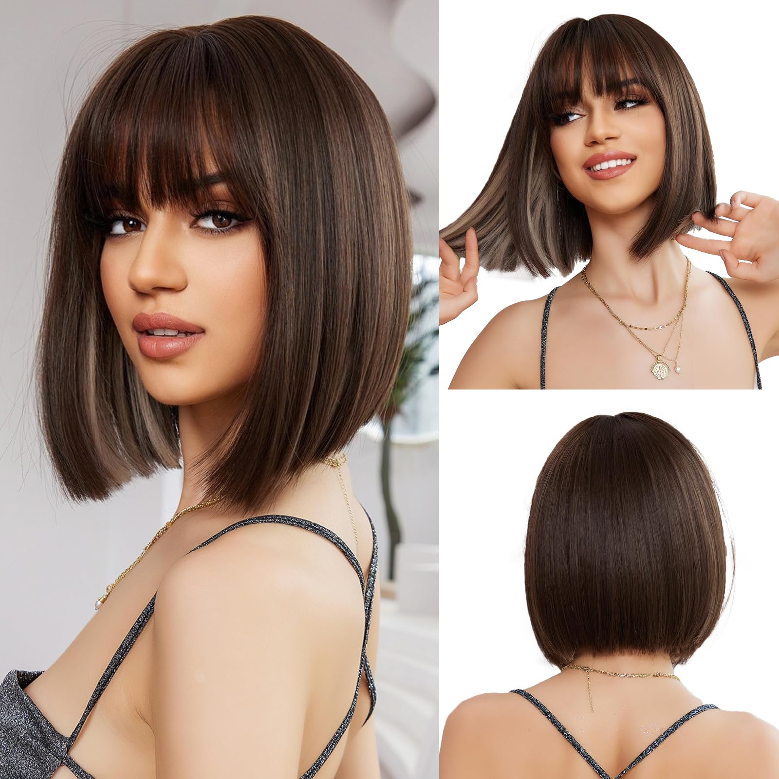 OUFEI Brown Bob with Highlight Inside Wig With Bangs Short Straight Wig For Women Synthetic Hair Wigs for Daily Party Cosplay Wear
