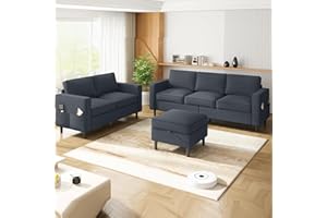 ADOWORE Living Room Sofa Sets 2 Piece, Modern 3 Seater Sofa with Storage Ottoman and Loveseat Sets, Linen Fabric L Shaped Sectional Couch + 2-Seat Sofa Sets for Living Room, Apartment