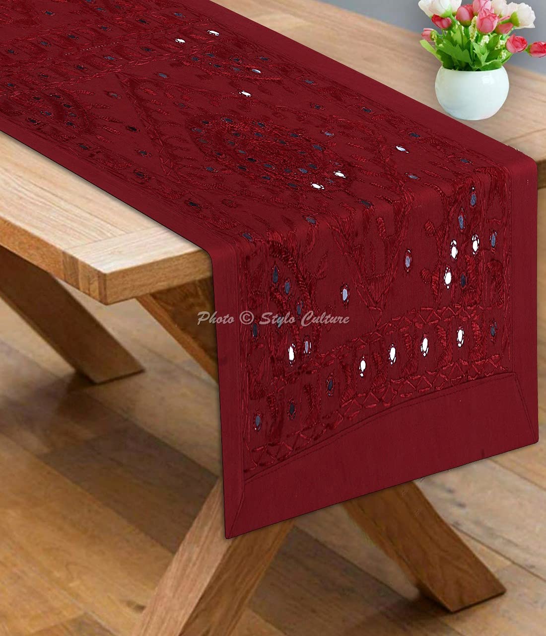 Stylo Culture Indian Center Table Runner For Coffee Table Burgundy Maroon Cotton Embroidered Boho Decor Floral Geometric Long Ethnic Table Decor | 36x20 Inches ( 91 x 50 cm)